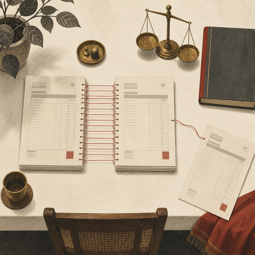 Illustration: an accountant as ledgers reconcile themselves into a single clean statement