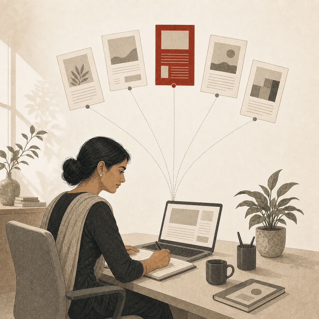 Illustration: a writer at a laptop as article cards fan out above the screen