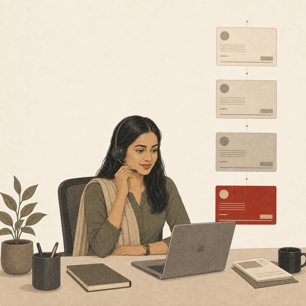 Illustration: a calm collections officer on a headset as payment cards age behind her