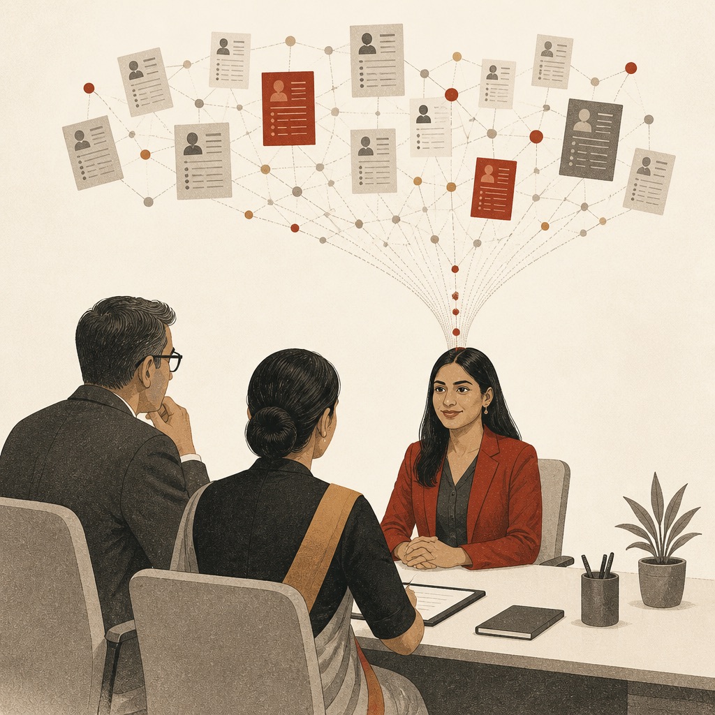 Illustration: a candidate interviewed while an intelligent system funnels hundreds of r&eacute;sum&eacute;s down to one