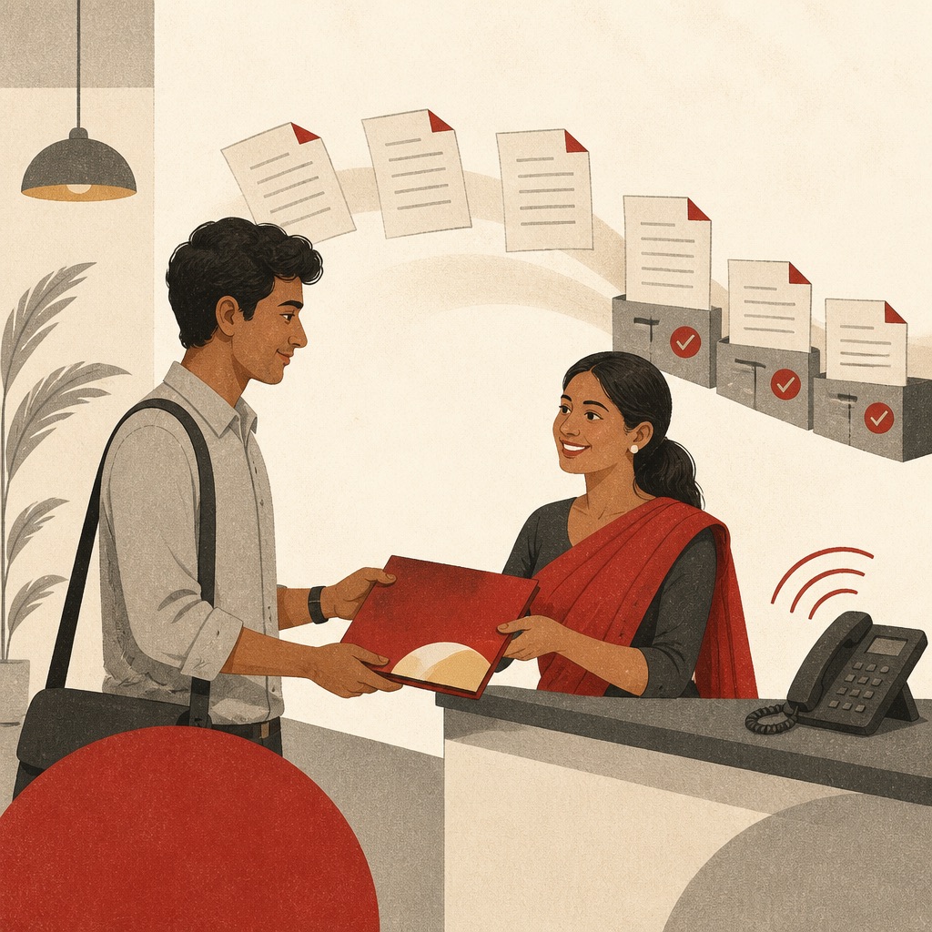 Illustration: a new hire welcomed at reception while documents settle into verified slots