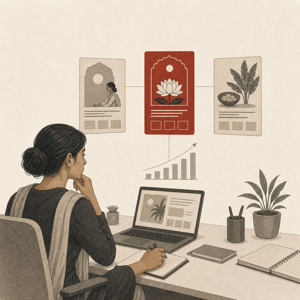 Illustration: a media buyer as three ad creatives compete, one clearly winning