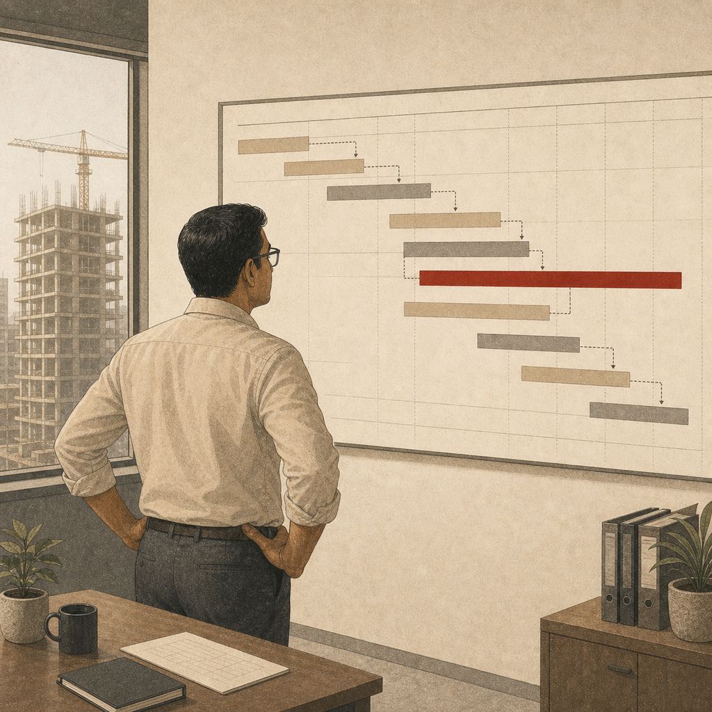 Illustration: a project manager reading a wall-sized construction schedule against a half-built tower