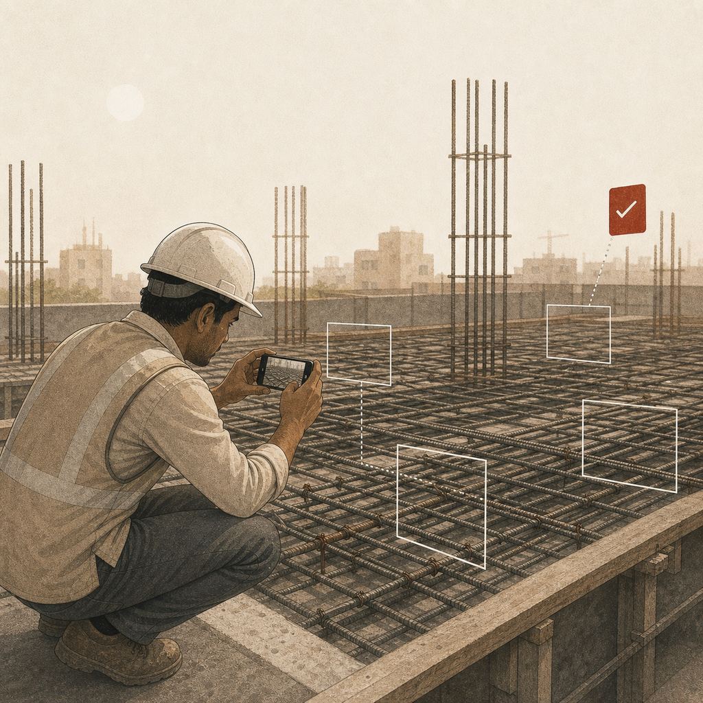 Illustration: a site engineer photographing rebar as inspection frames settle over the steel