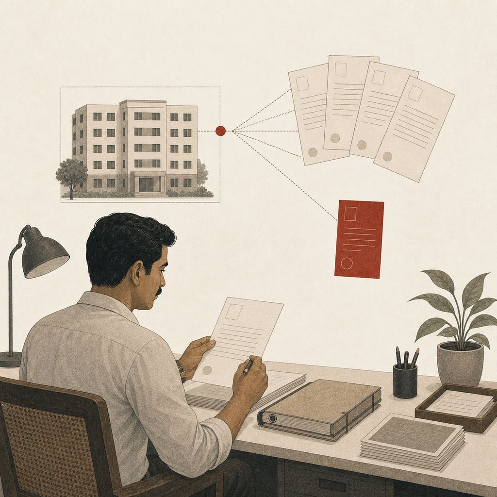 Illustration: an accounts clerk linking a building milestone to a fan of demand letters