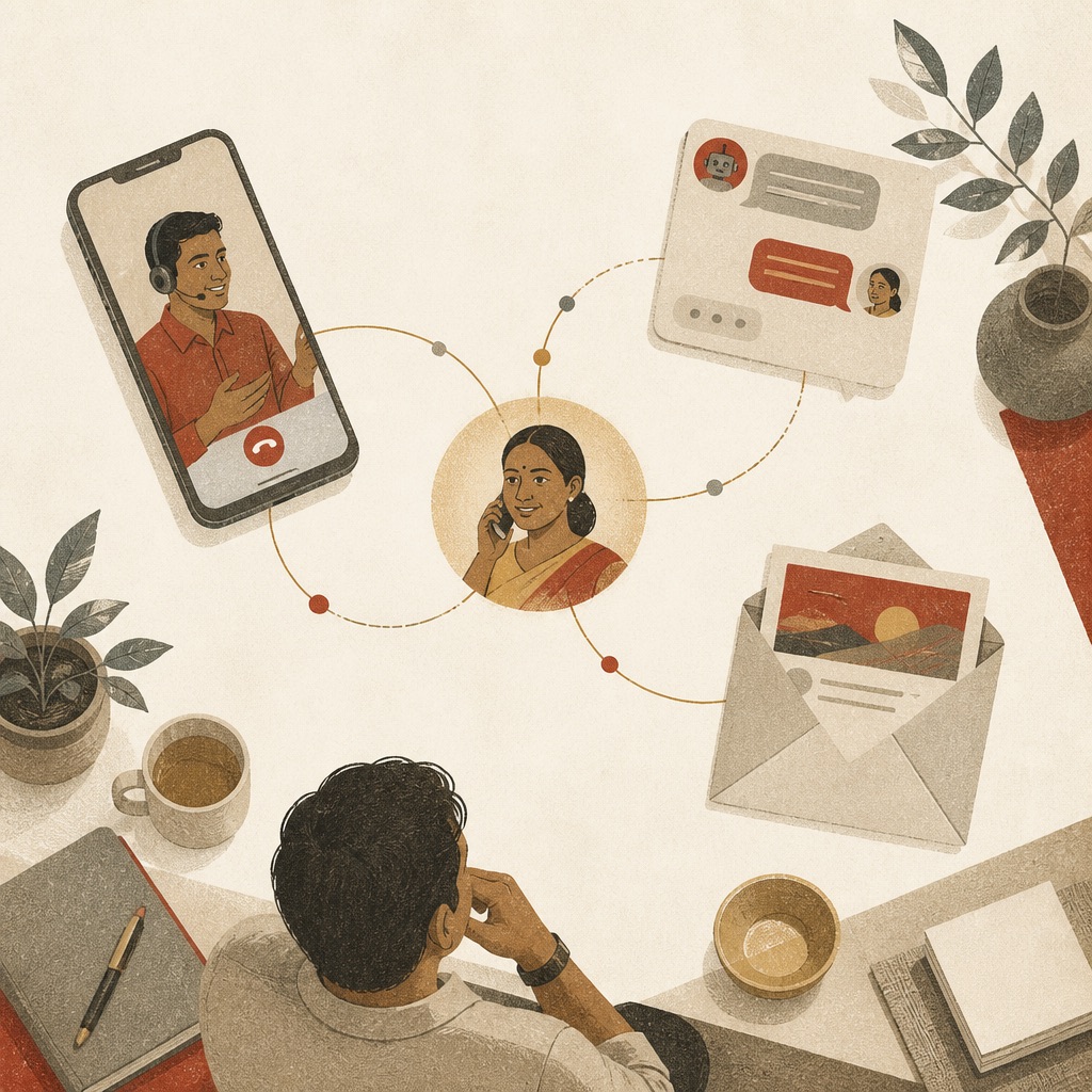 Illustration: a calling agent at a desk as conversations fan out across a city