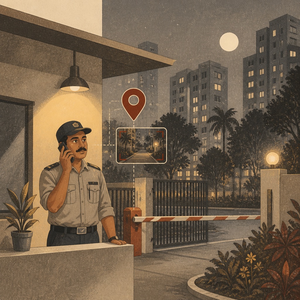 Illustration: a night guard answering a call at a site gate under floodlights