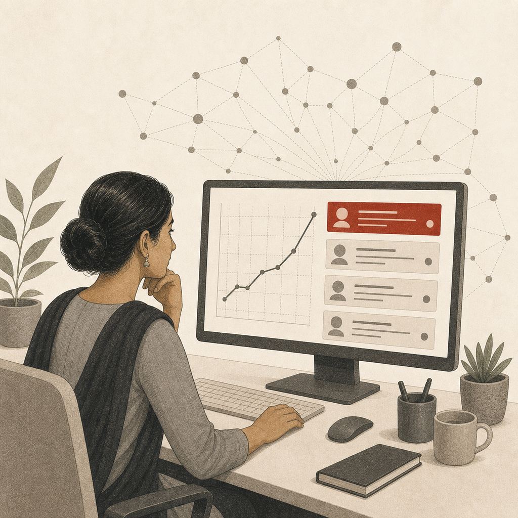Illustration: a marketer reading a rising line and a stack of ranked search results