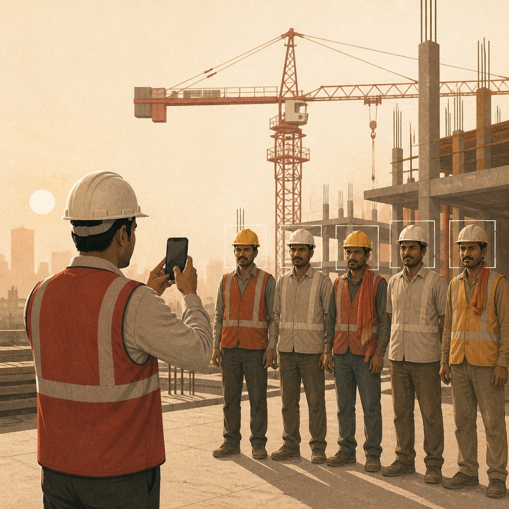 Illustration: a supervisor photographing a row of construction workers as each face is recognised