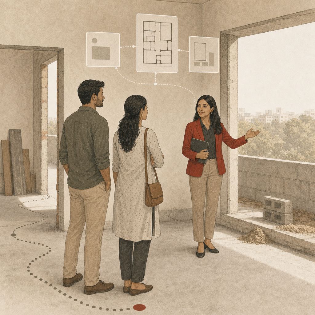 Illustration: a couple walked through an unfinished apartment by a sales executive