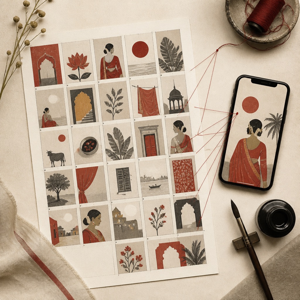 Illustration: a social calendar assembling itself above a marketer at work