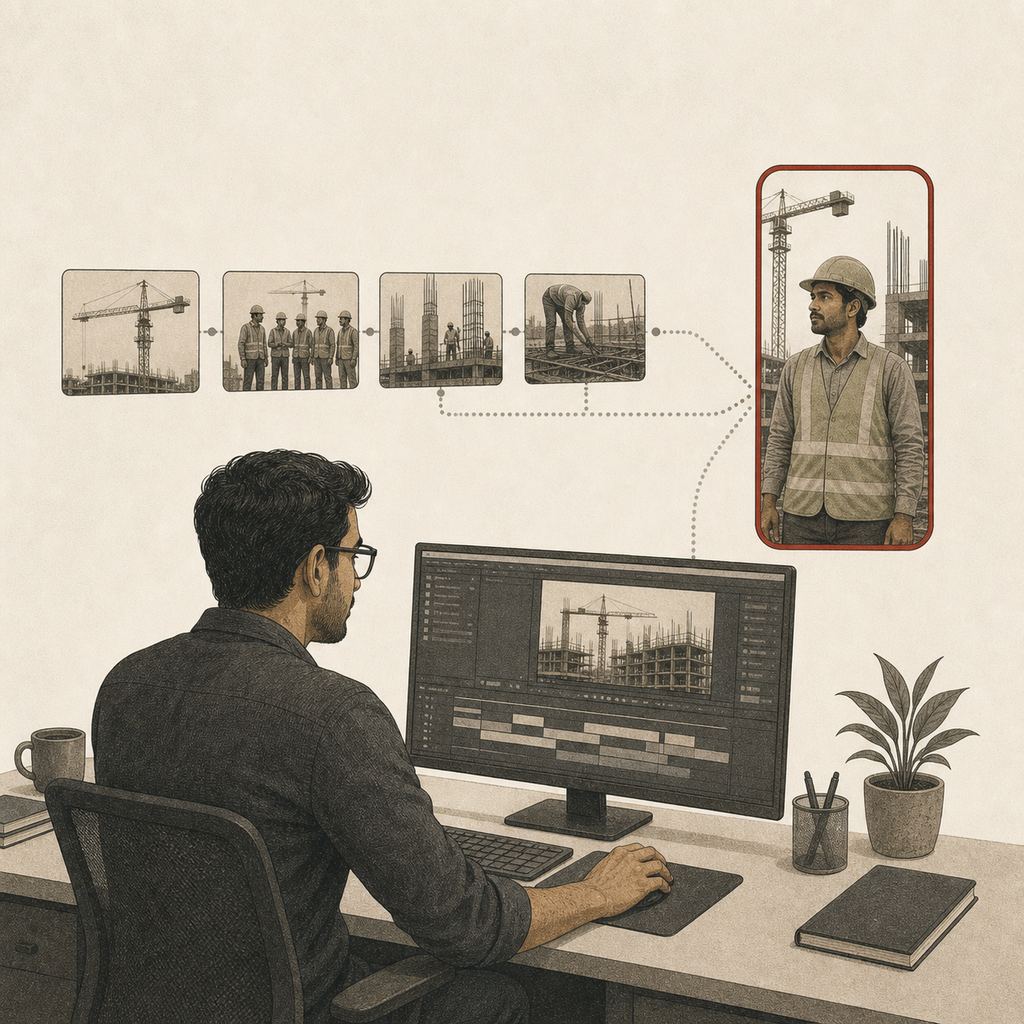 Illustration: an editor as site photographs feed into a finished vertical reel